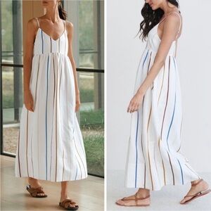 Jenni Kayne White Maxi Dress with Blue and Brown Stripes